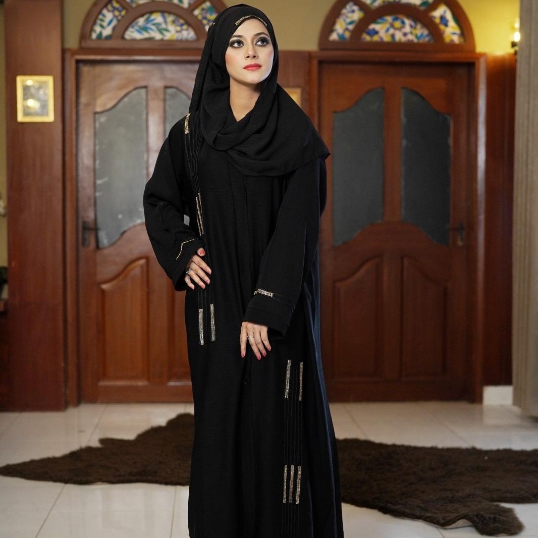 Muslim Abaya Black with Gold Lace Work Arabic Style Premium Quality
